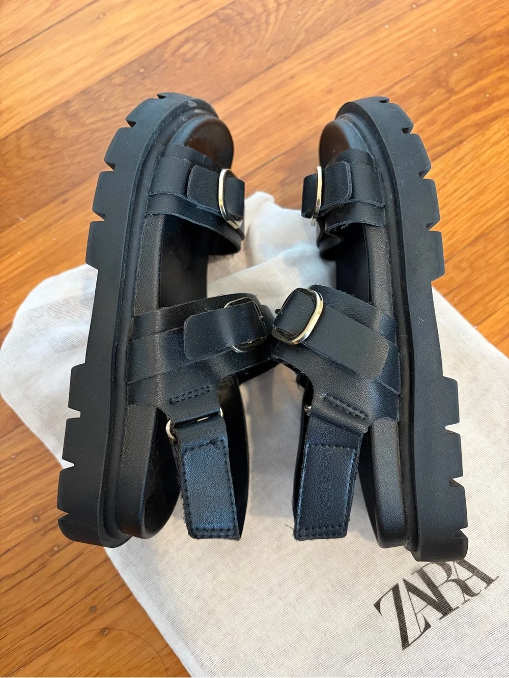 Zara Black Slide Sandals with Gold Buckles
